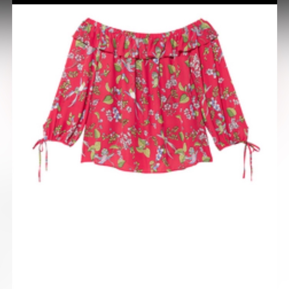 Janette Lepore Blouse, Off Shoulder. Women’s  Size 3x. Coral W/ Greens & Blues.